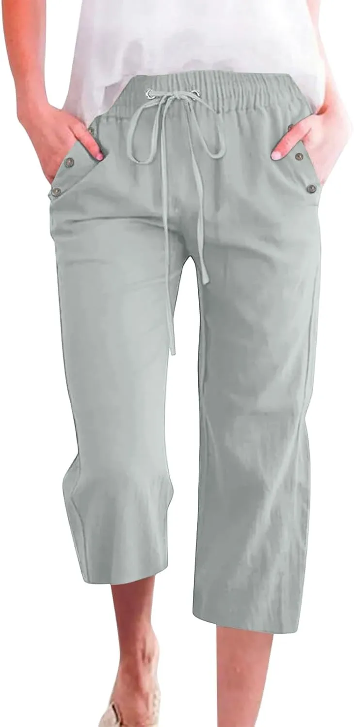 Pants for Women Summer 2025 Casual Lounge Pants Cropped Cotton Linen Comfy Drawstring Baggy Trousers with Pockets