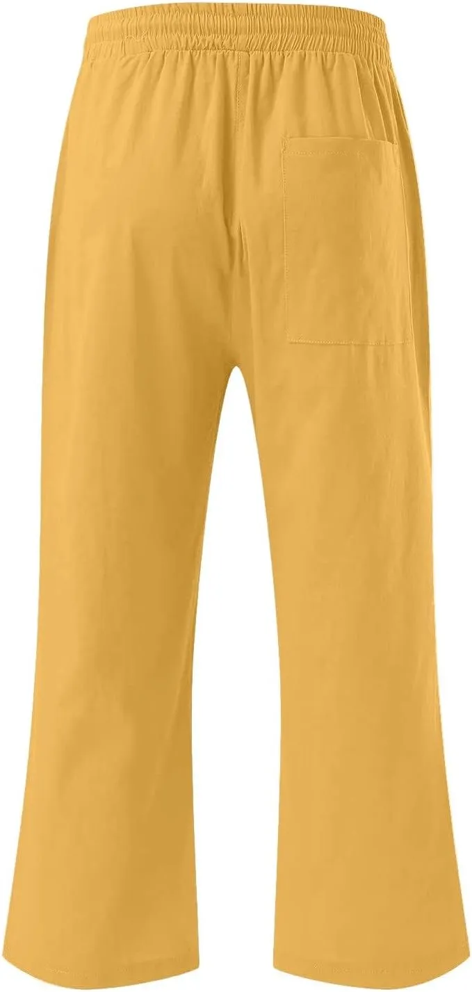 Pants for Women Summer 2025 Casual Lounge Pants Cropped Cotton Linen Comfy Drawstring Baggy Trousers with Pockets