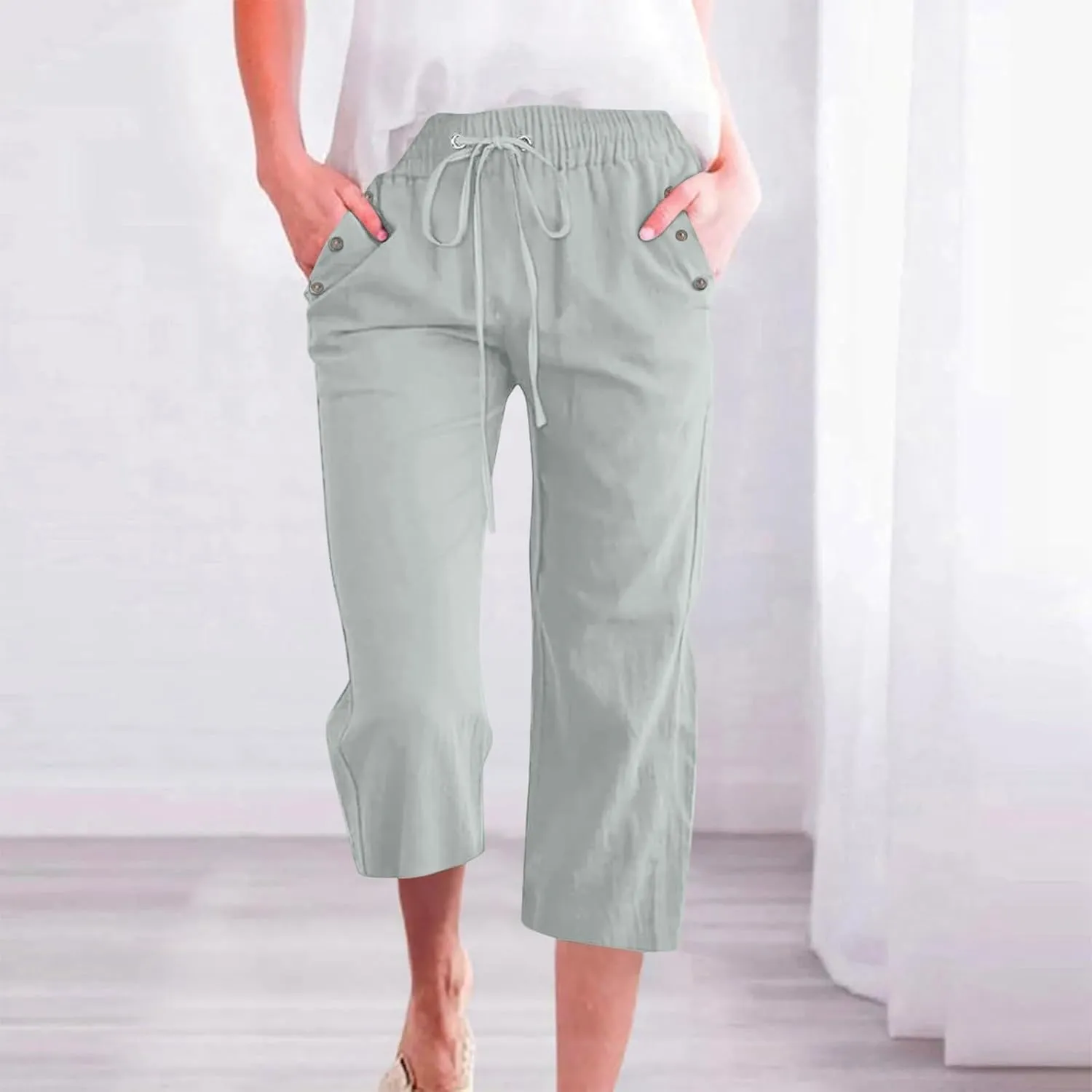 Pants for Women Summer 2025 Casual Lounge Pants Cropped Cotton Linen Comfy Drawstring Baggy Trousers with Pockets