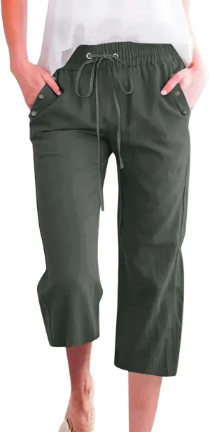Pants for Women Summer 2025 Casual Lounge Pants Cropped Cotton Linen Comfy Drawstring Baggy Trousers with Pockets