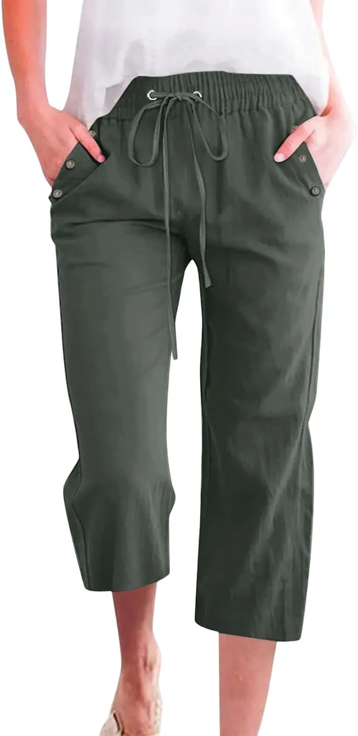 Pants for Women Summer 2025 Casual Lounge Pants Cropped Cotton Linen Comfy Drawstring Baggy Trousers with Pockets
