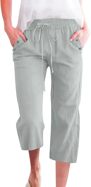 Pants for Women Summer 2025 Casual Lounge Pants Cropped Cotton Linen Comfy Drawstring Baggy Trousers with Pockets