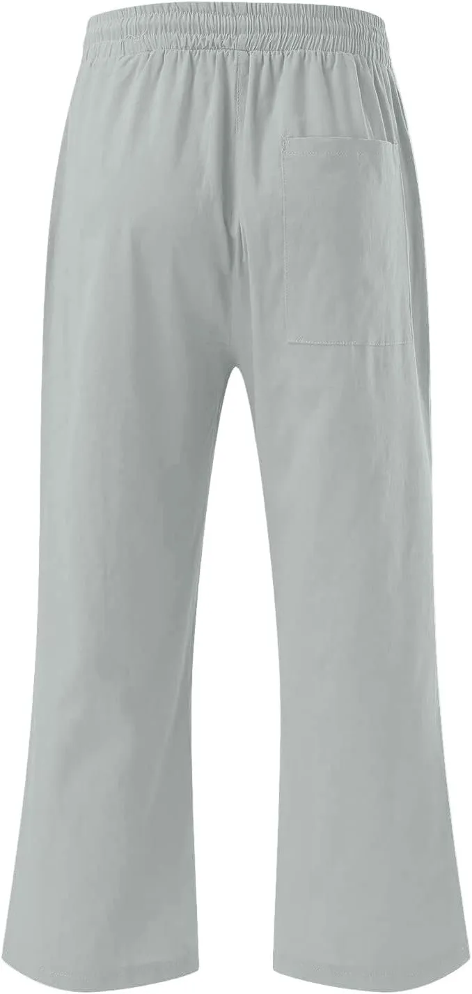 Pants for Women Summer 2025 Casual Lounge Pants Cropped Cotton Linen Comfy Drawstring Baggy Trousers with Pockets