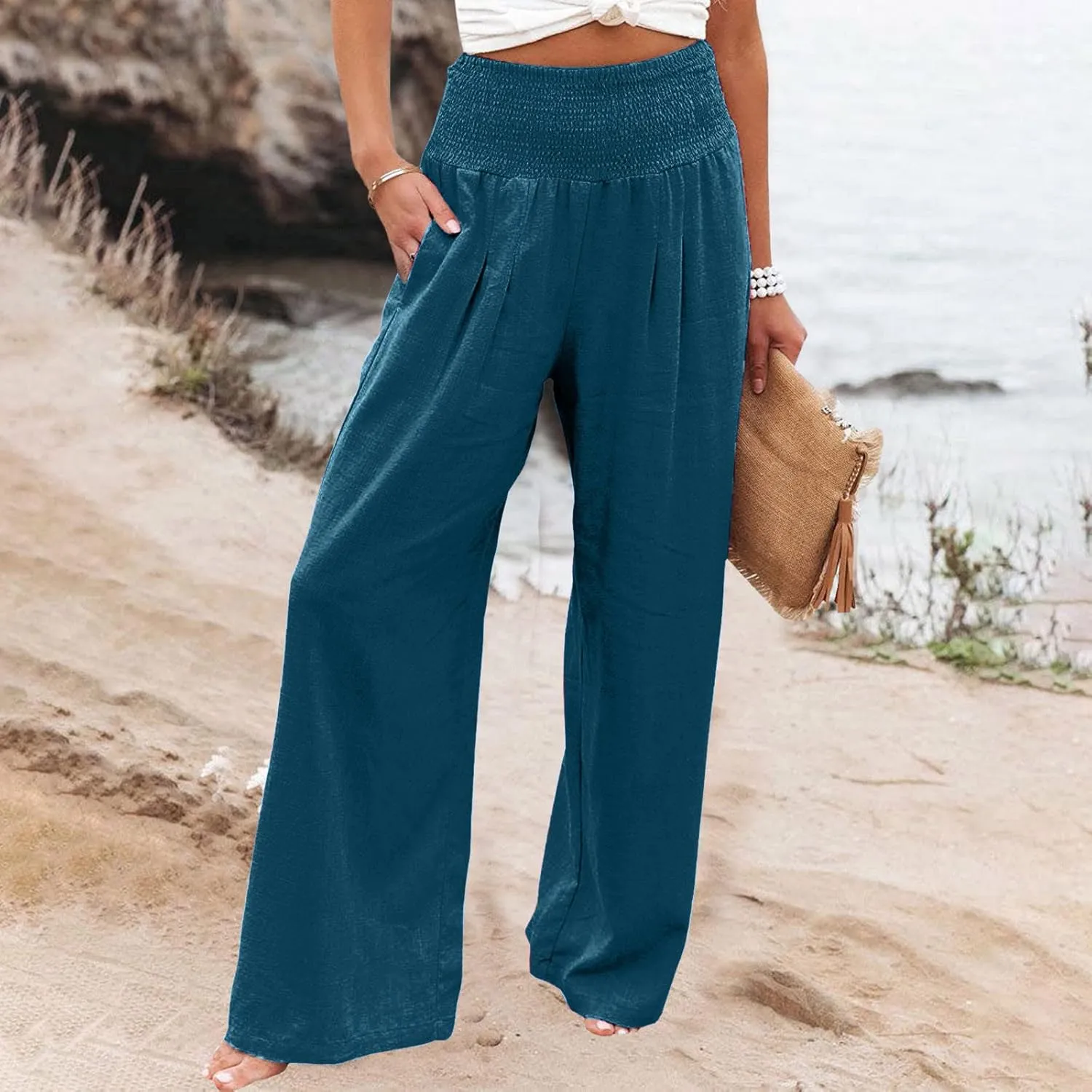Pants for Women Trendy Pants Comfy Work Pants with Pockets Elastic High Waist Paper Bag Drawstring N De Lino para