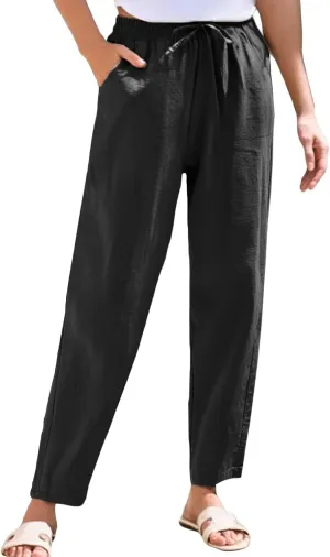 Pants Women Cotton Linen,Sweatpants Dressy Casual, Wide Leg High Waisted Cargo Petite Trousers with Pockets