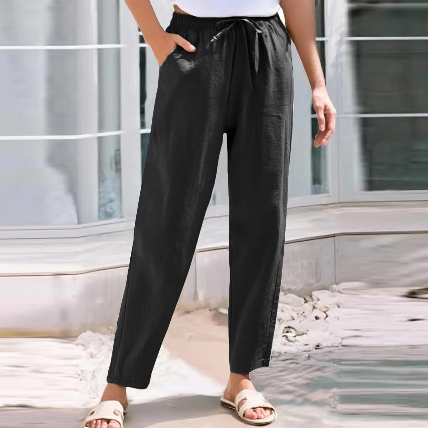 Pants Women Cotton Linen,Sweatpants Dressy Casual, Wide Leg High Waisted Cargo Petite Trousers with Pockets