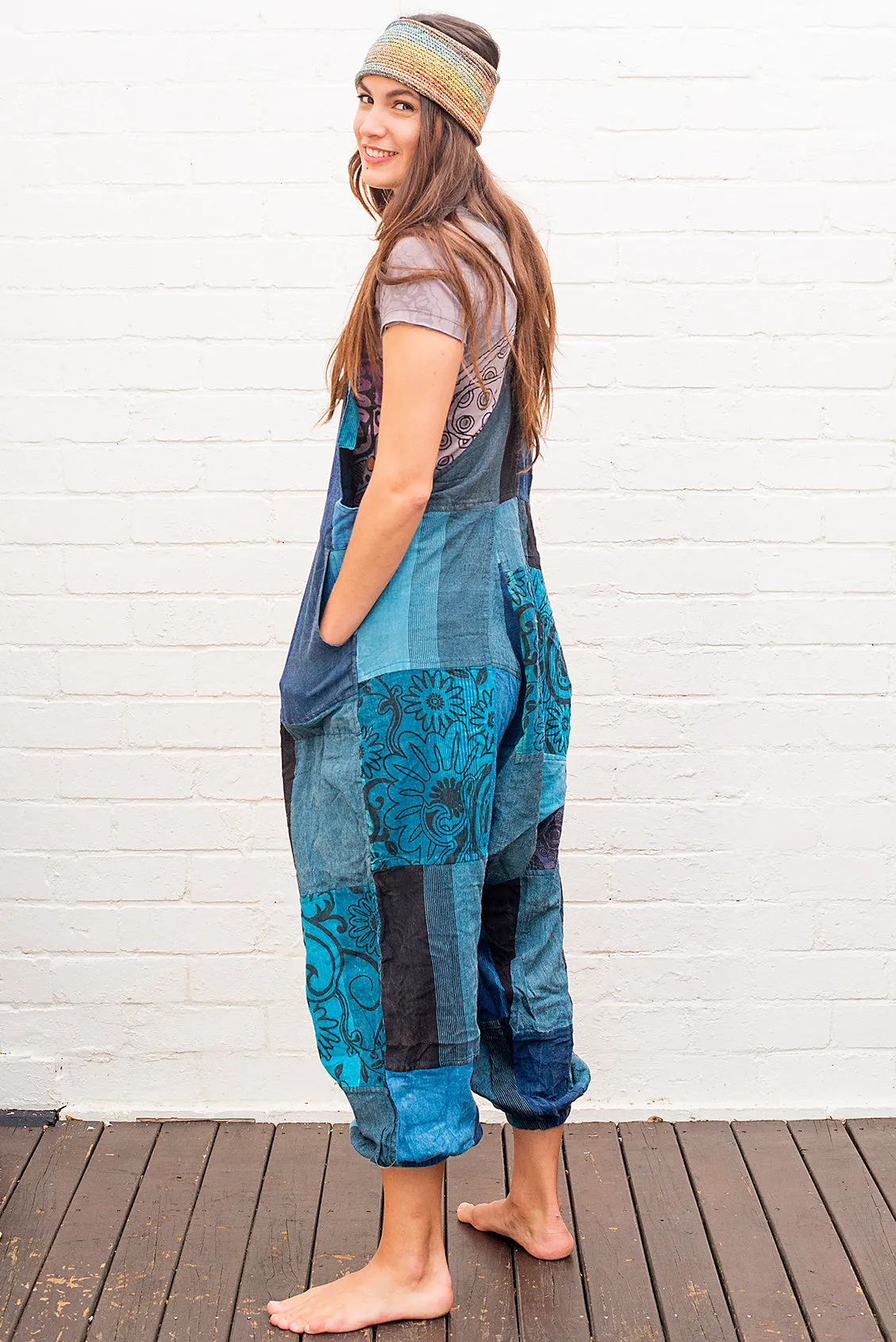 Patchwork Overalls in Blue Tones