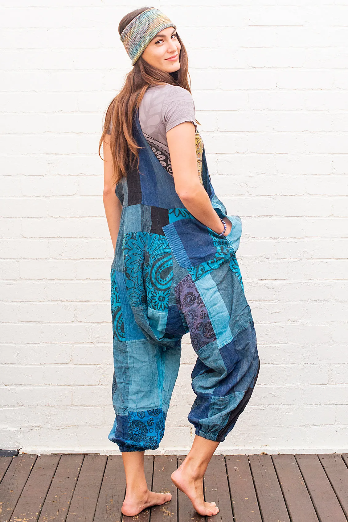 Patchwork Overalls in Blue Tones