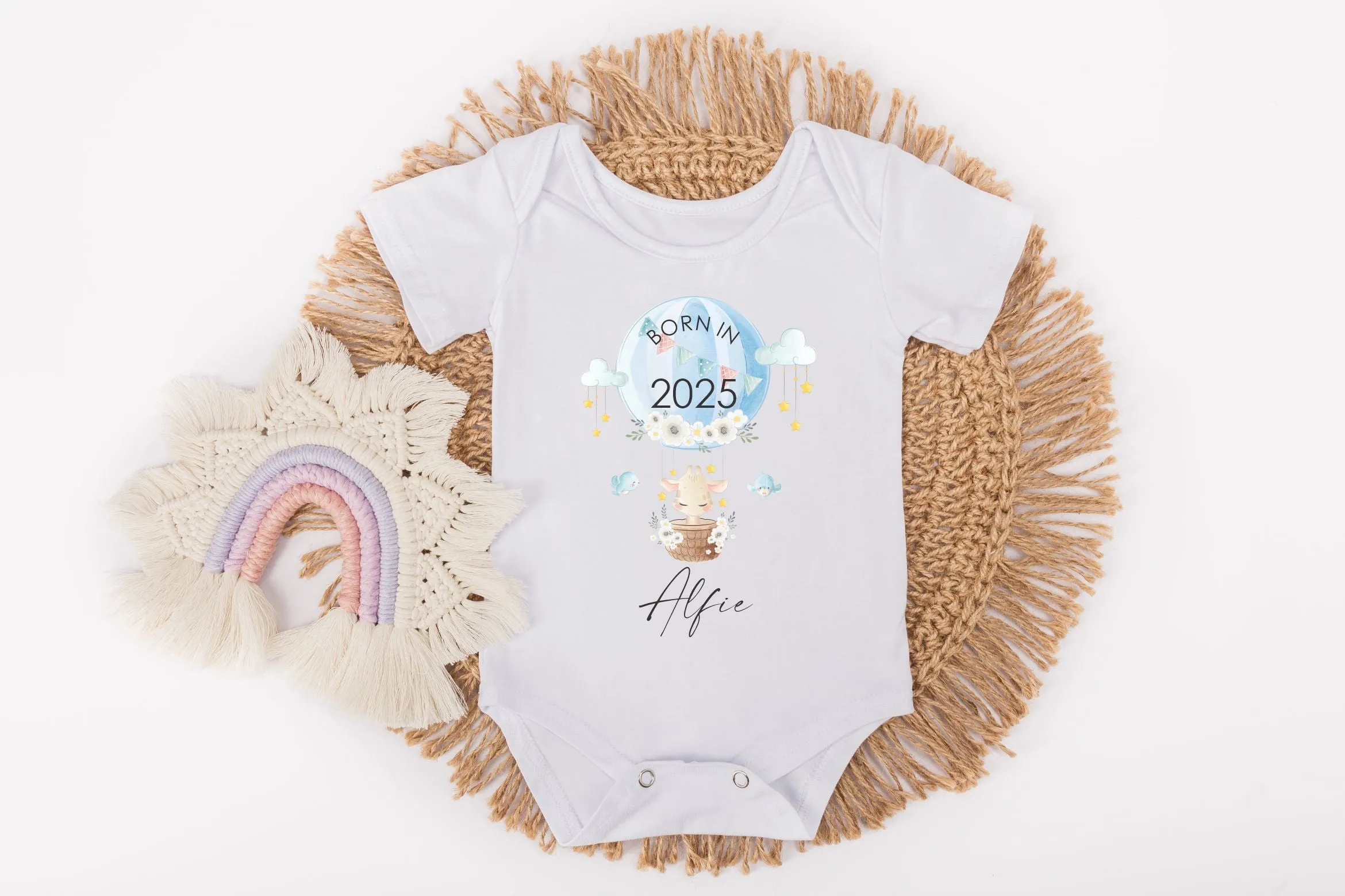 Personalised Born In 2025 Baby Rompersuit or Vest -  Balloon Giraffe