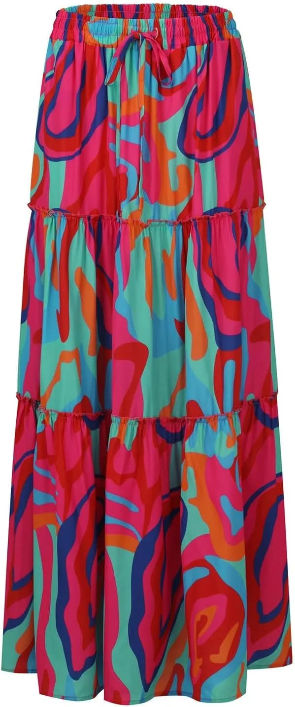 Pleated Long Skirts for Women Summer Casual Elastic High Waisted Skirts A-Line Flowy Swing Maxi Skirt with Pockets