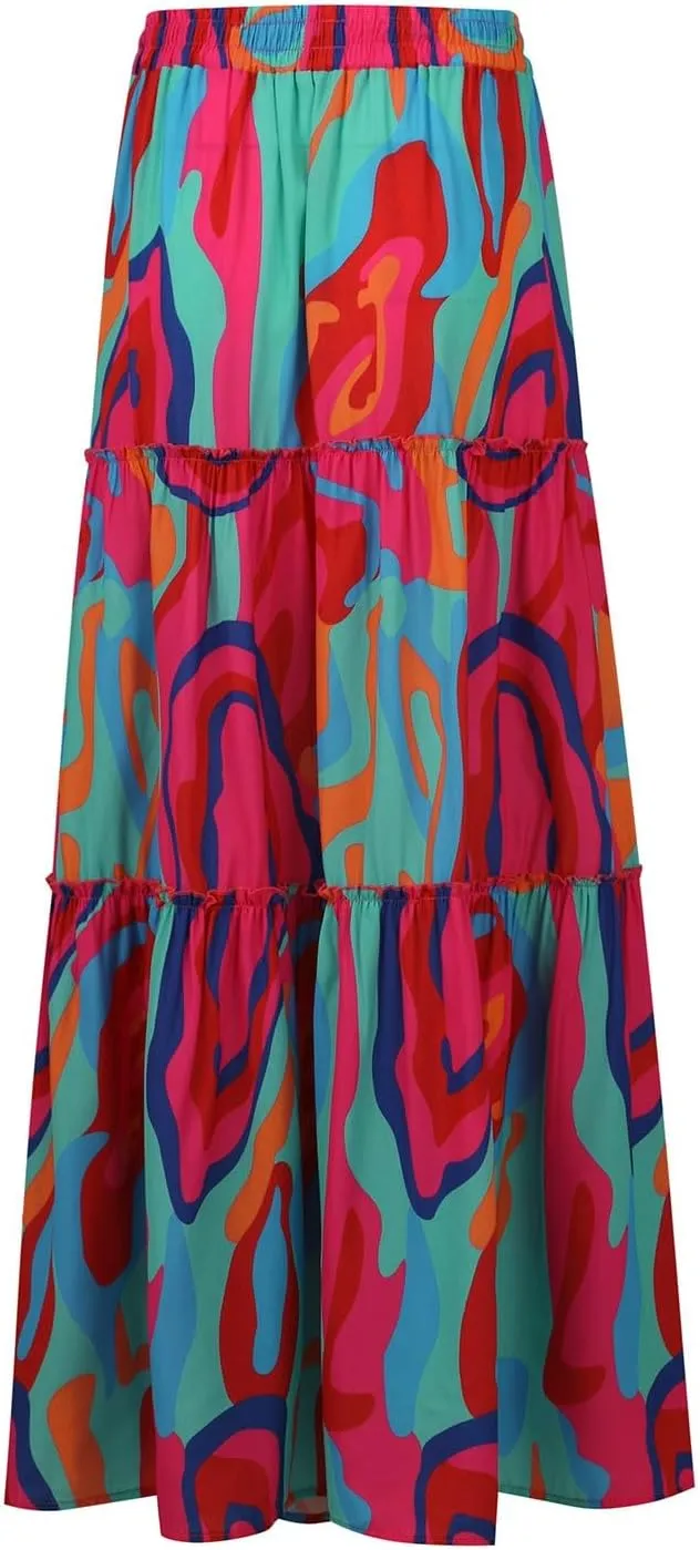 Pleated Long Skirts for Women Summer Casual Elastic High Waisted Skirts A-Line Flowy Swing Maxi Skirt with Pockets