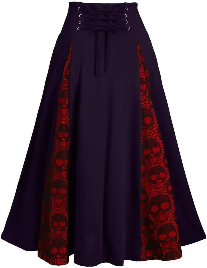 Plus Size Midi Gothic Skirts for Womens High Waist Lace Up Maxi Pleated Skirts Lace Patchwork Dresses