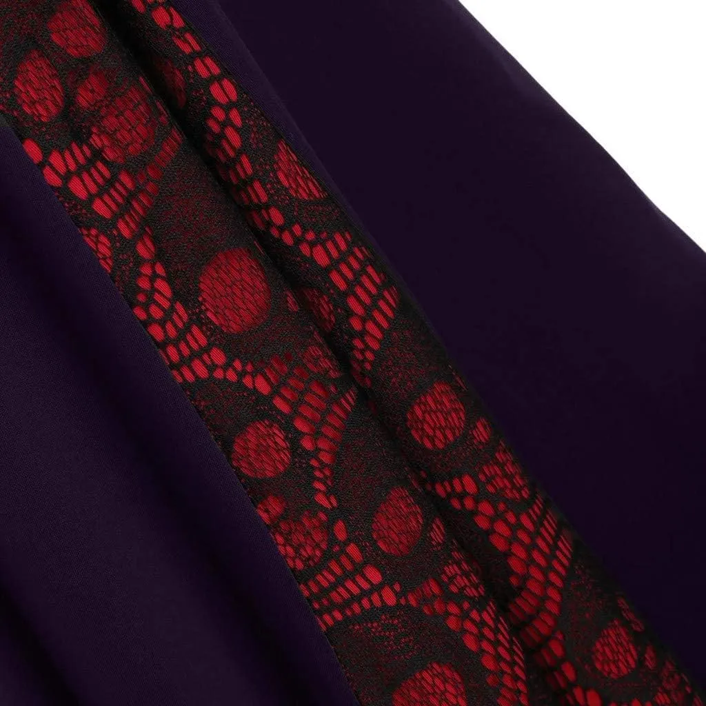 Plus Size Midi Gothic Skirts for Womens High Waist Lace Up Maxi Pleated Skirts Lace Patchwork Dresses