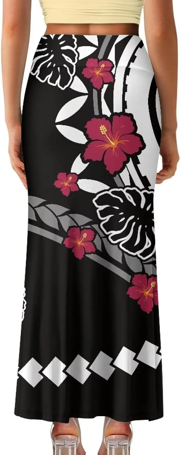 Polynesian Tribal Tatau Pattern Women's Long Maxi Skirt Vintage High Waisted A-Link Long Maxi Skirt