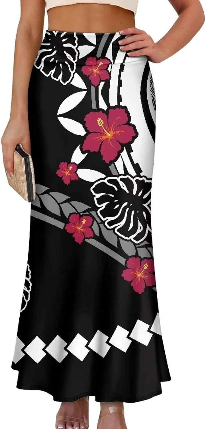 Polynesian Tribal Tatau Pattern Women's Long Maxi Skirt Vintage High Waisted A-Link Long Maxi Skirt