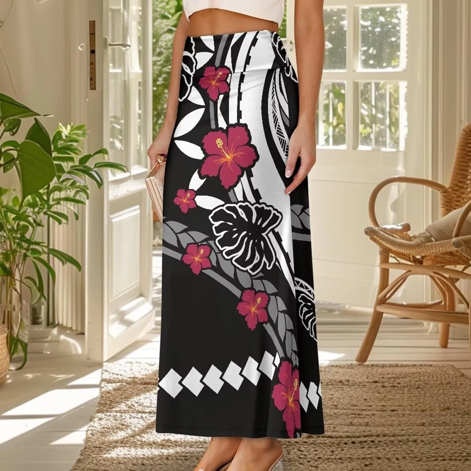 Polynesian Tribal Tatau Pattern Women's Long Maxi Skirt Vintage High Waisted A-Link Long Maxi Skirt