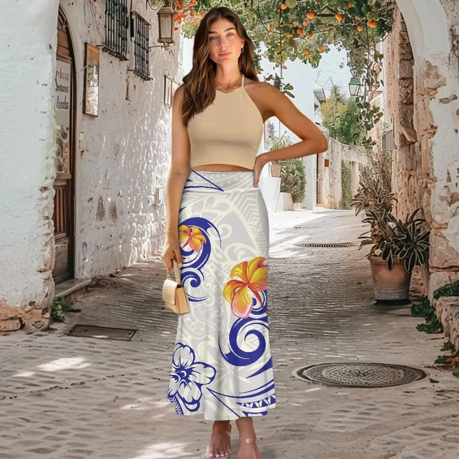Polynesian Tribal Tatau Pattern Women's Long Maxi Skirt Vintage High Waisted A-Link Long Maxi Skirt