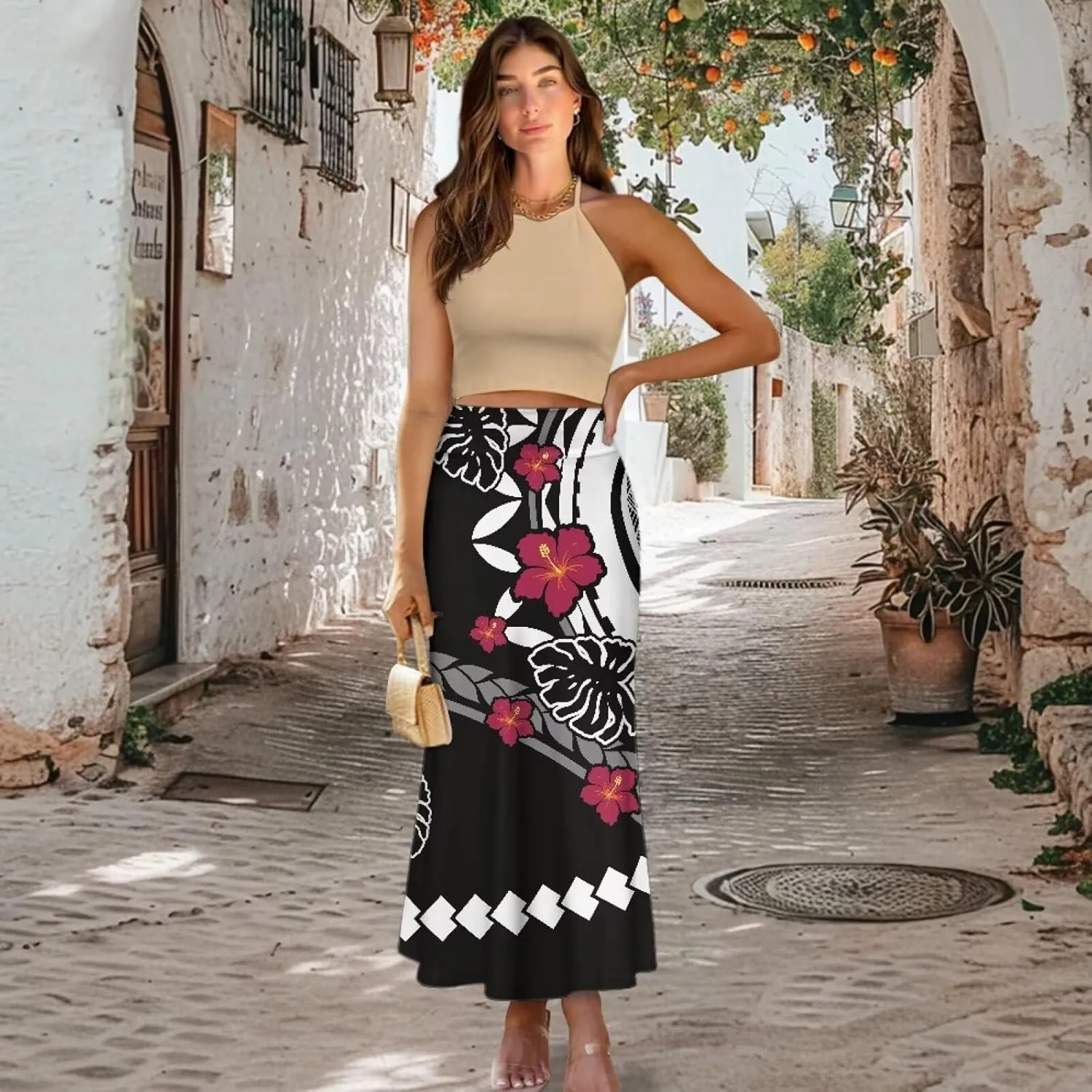 Polynesian Tribal Tatau Pattern Women's Long Maxi Skirt Vintage High Waisted A-Link Long Maxi Skirt