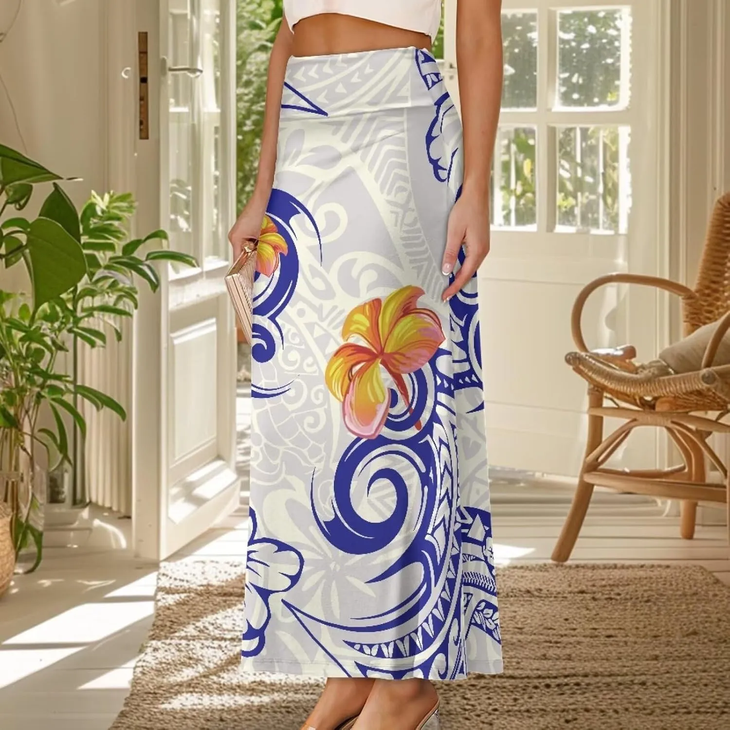 Polynesian Tribal Tatau Pattern Women's Long Maxi Skirt Vintage High Waisted A-Link Long Maxi Skirt