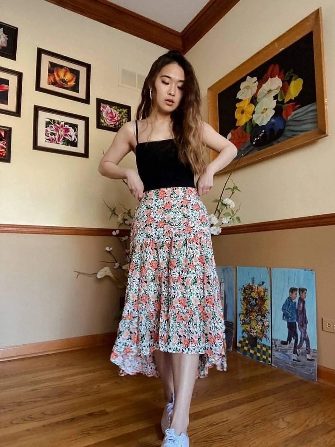 PRETTYGARDEN Women's Ditzy Floral Print Midi Skirt Boho Elastic High Waist Long Skirts for Women Trendy High Low Hem