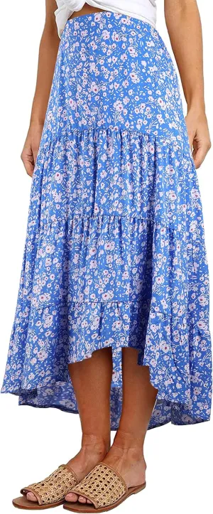 PRETTYGARDEN Women's Ditzy Floral Print Midi Skirt Boho Elastic High Waist Long Skirts for Women Trendy High Low Hem