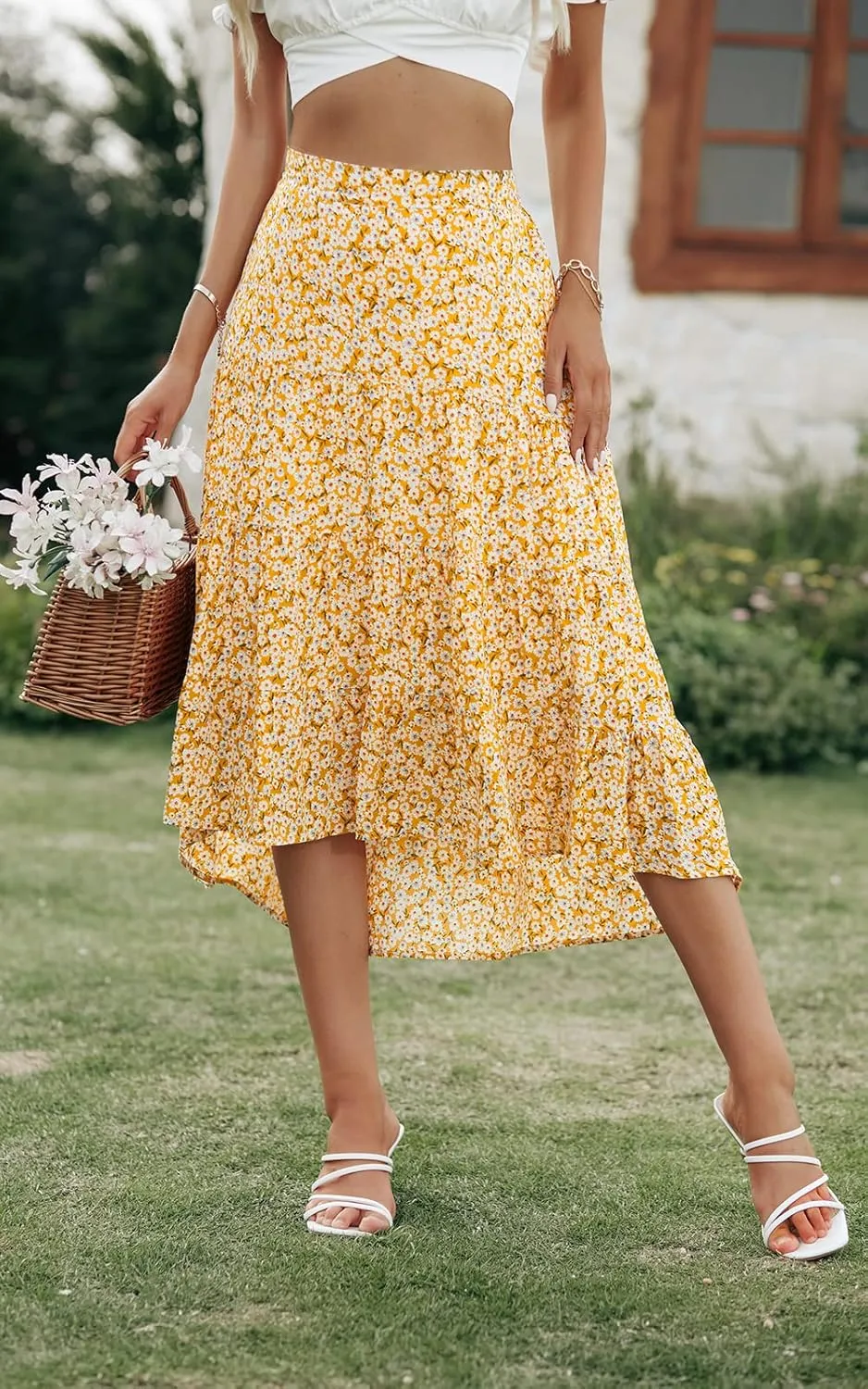 PRETTYGARDEN Women's Ditzy Floral Print Midi Skirt Boho Elastic High Waist Long Skirts for Women Trendy High Low Hem