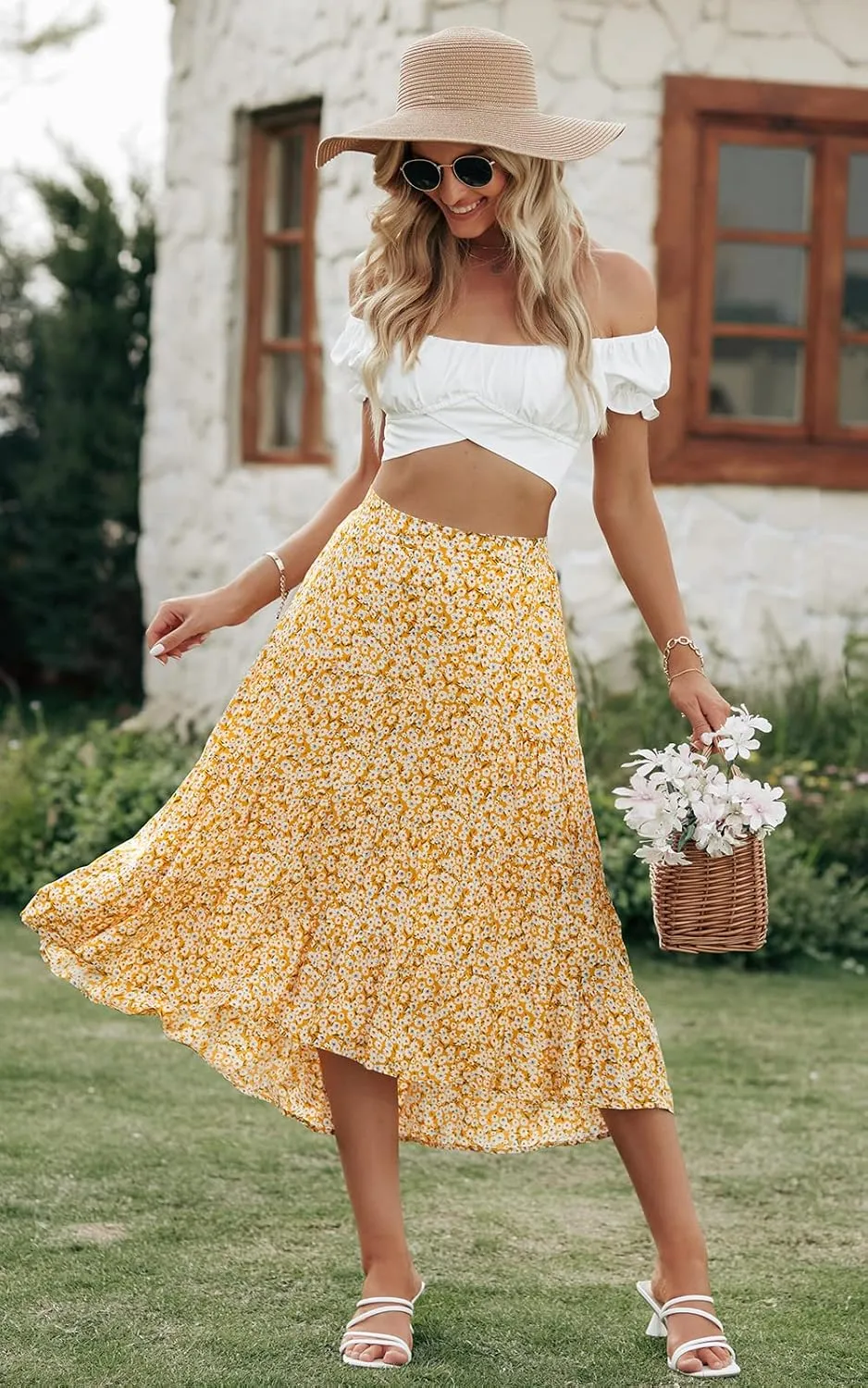 PRETTYGARDEN Women's Ditzy Floral Print Midi Skirt Boho Elastic High Waist Long Skirts for Women Trendy High Low Hem