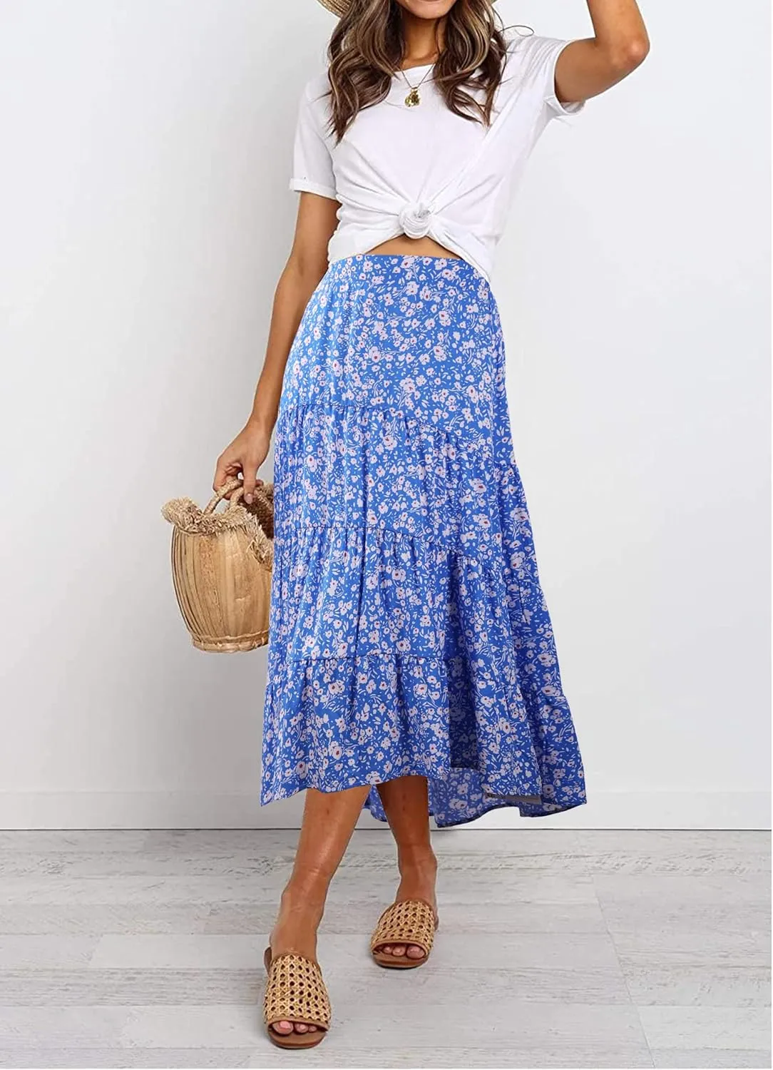 PRETTYGARDEN Women's Ditzy Floral Print Midi Skirt Boho Elastic High Waist Long Skirts for Women Trendy High Low Hem