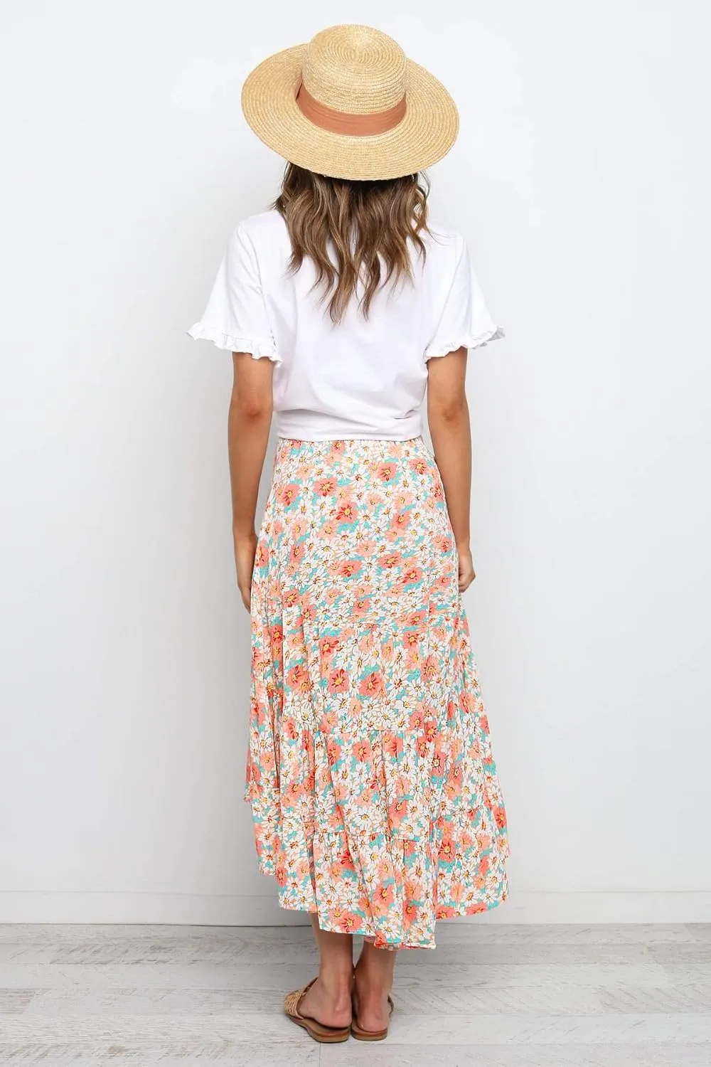 PRETTYGARDEN Women's Ditzy Floral Print Midi Skirt Boho Elastic High Waist Long Skirts for Women Trendy High Low Hem