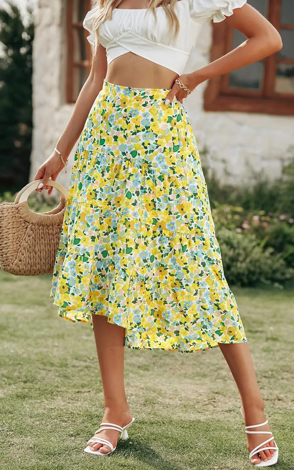 PRETTYGARDEN Women's Ditzy Floral Print Midi Skirt Boho Elastic High Waist Long Skirts for Women Trendy High Low Hem