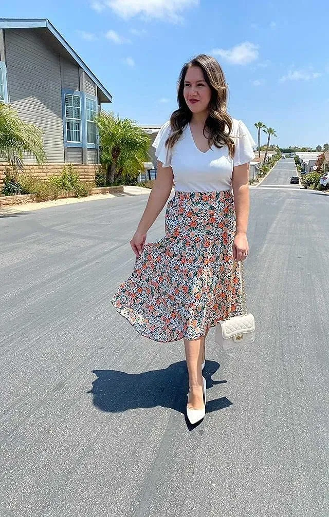 PRETTYGARDEN Women's Ditzy Floral Print Midi Skirt Boho Elastic High Waist Long Skirts for Women Trendy High Low Hem