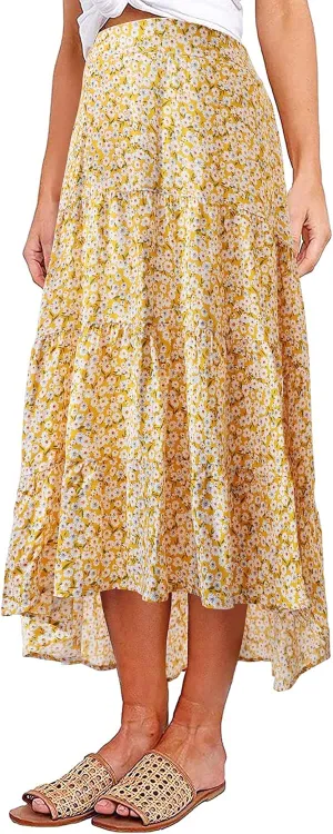 PRETTYGARDEN Women's Ditzy Floral Print Midi Skirt Boho Elastic High Waist Long Skirts for Women Trendy High Low Hem