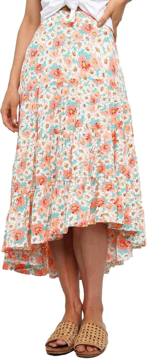 PRETTYGARDEN Women's Ditzy Floral Print Midi Skirt Boho Elastic High Waist Long Skirts for Women Trendy High Low Hem