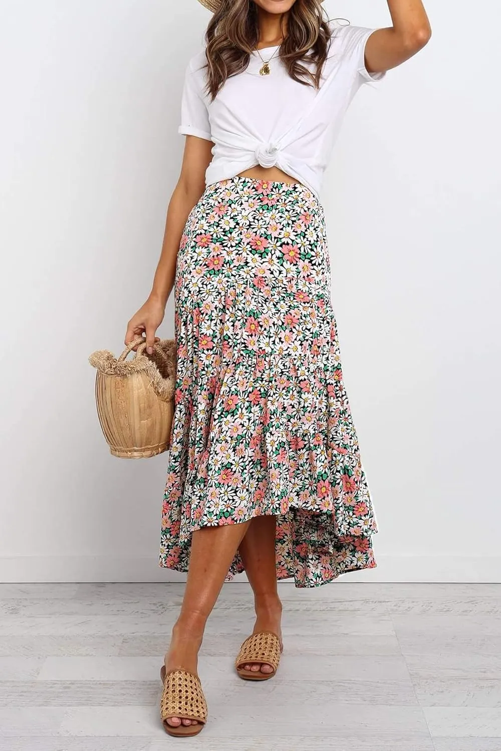 PRETTYGARDEN Women's Ditzy Floral Print Midi Skirt Boho Elastic High Waist Long Skirts for Women Trendy High Low Hem