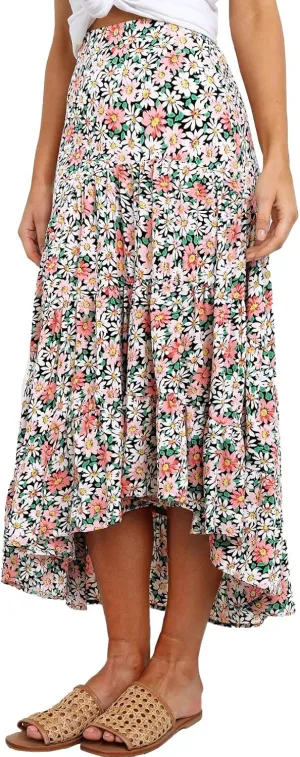 PRETTYGARDEN Women's Ditzy Floral Print Midi Skirt Boho Elastic High Waist Long Skirts for Women Trendy High Low Hem