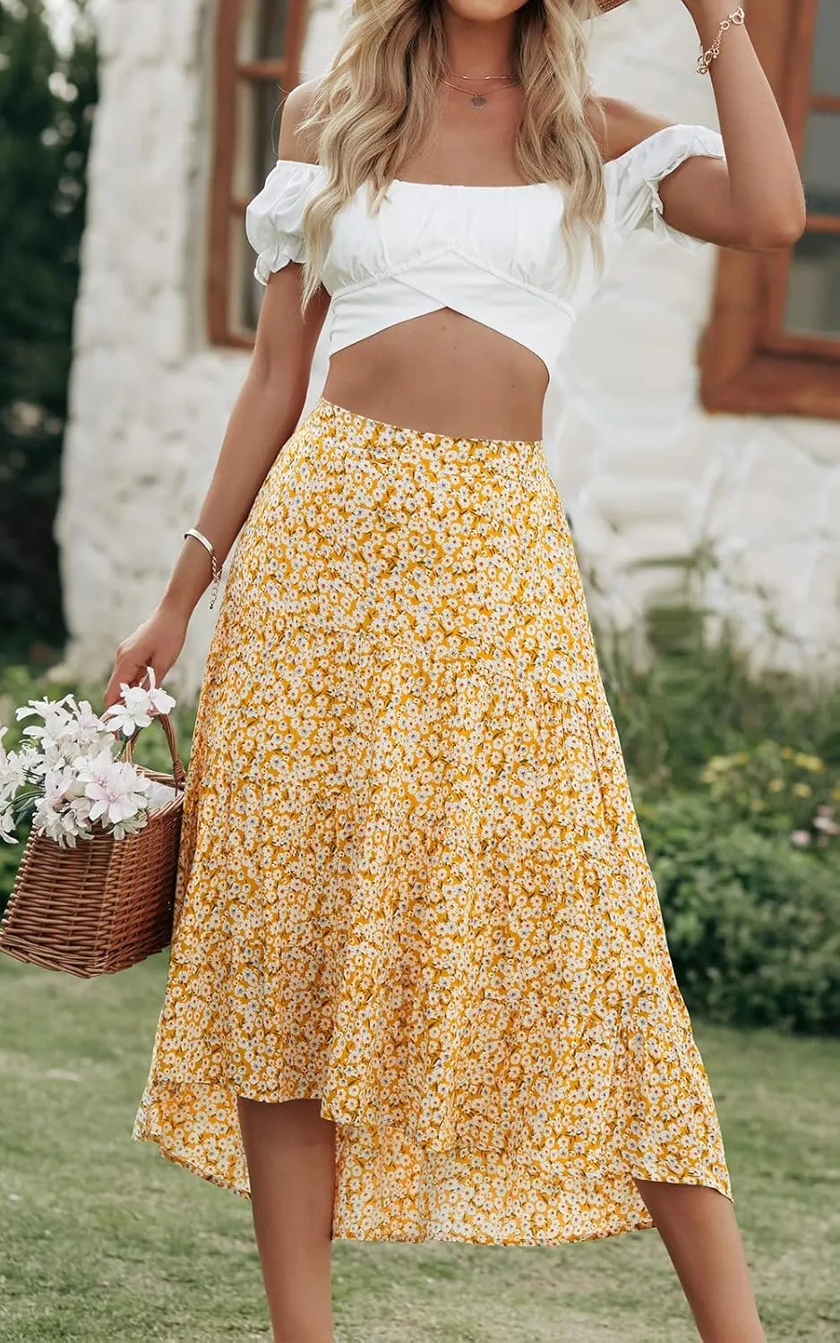 PRETTYGARDEN Women's Ditzy Floral Print Midi Skirt Boho Elastic High Waist Long Skirts for Women Trendy High Low Hem