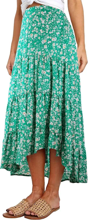 PRETTYGARDEN Women's Ditzy Floral Print Midi Skirt Boho Elastic High Waist Long Skirts for Women Trendy High Low Hem