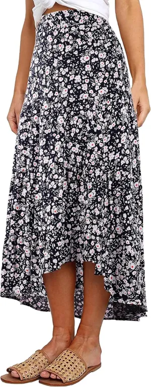 PRETTYGARDEN Women's Ditzy Floral Print Midi Skirt Boho Elastic High Waist Long Skirts for Women Trendy High Low Hem