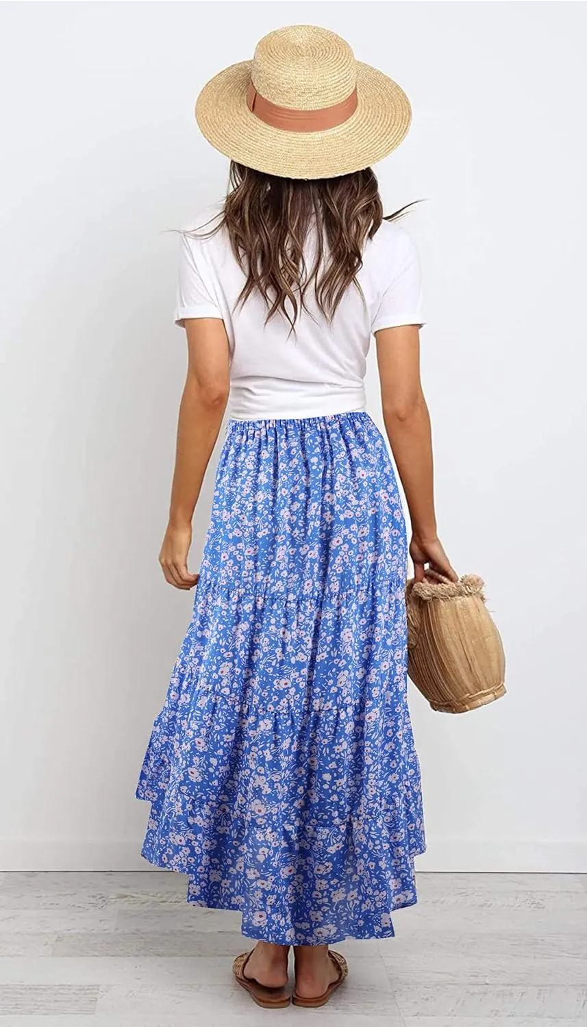 PRETTYGARDEN Women's Ditzy Floral Print Midi Skirt Boho Elastic High Waist Long Skirts for Women Trendy High Low Hem