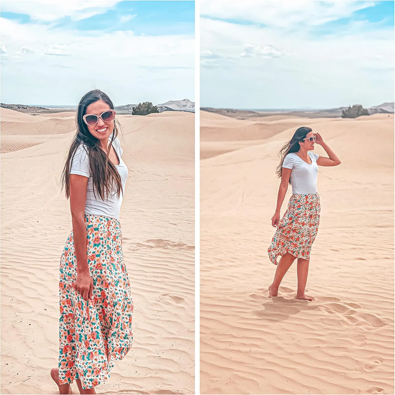 PRETTYGARDEN Women's Ditzy Floral Print Midi Skirt Boho Elastic High Waist Long Skirts for Women Trendy High Low Hem