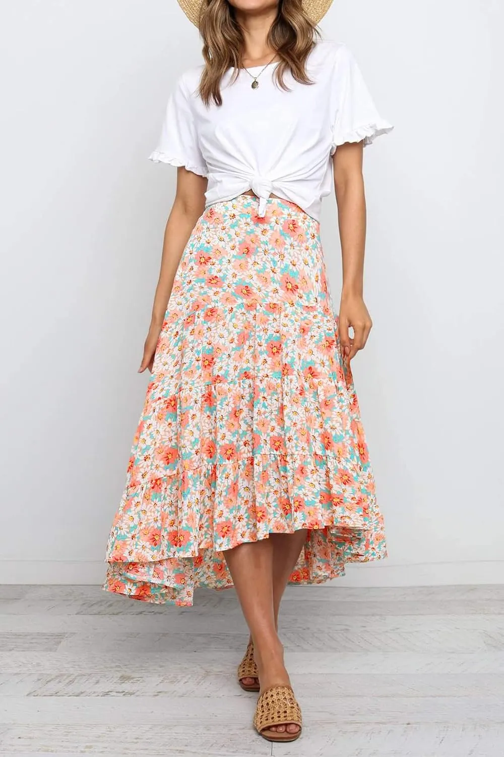 PRETTYGARDEN Women's Ditzy Floral Print Midi Skirt Boho Elastic High Waist Long Skirts for Women Trendy High Low Hem