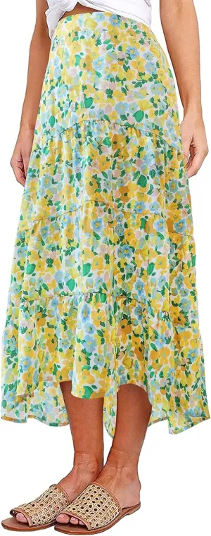 PRETTYGARDEN Women's Ditzy Floral Print Midi Skirt Boho Elastic High Waist Long Skirts for Women Trendy High Low Hem