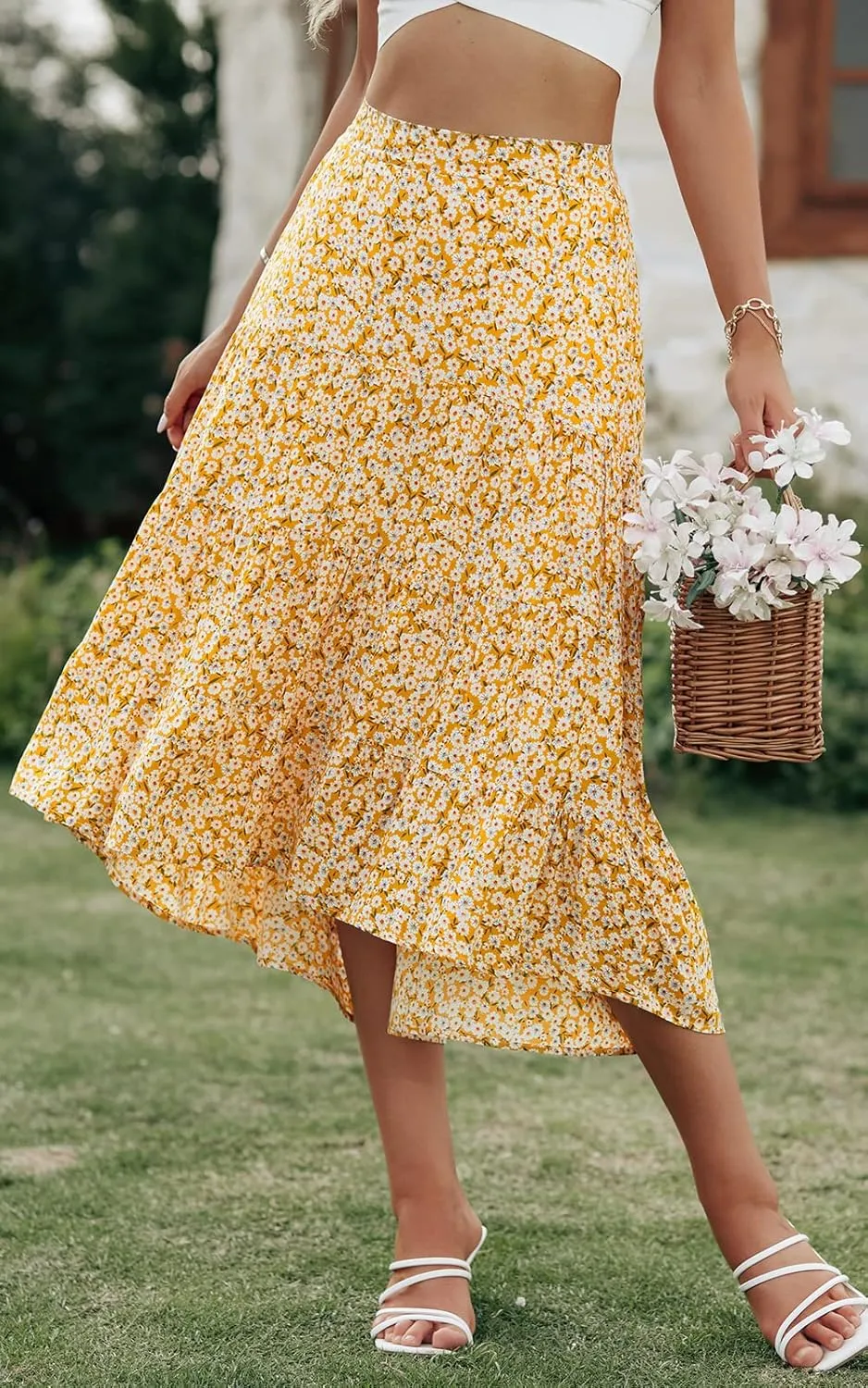 PRETTYGARDEN Women's Ditzy Floral Print Midi Skirt Boho Elastic High Waist Long Skirts for Women Trendy High Low Hem