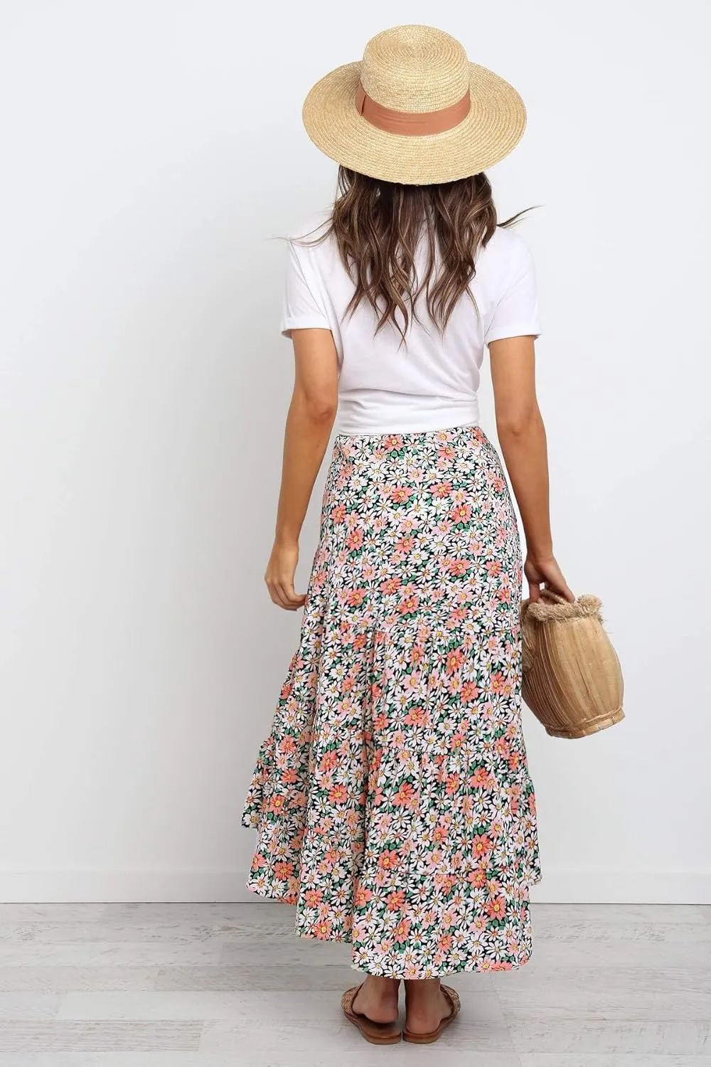 PRETTYGARDEN Women's Ditzy Floral Print Midi Skirt Boho Elastic High Waist Long Skirts for Women Trendy High Low Hem