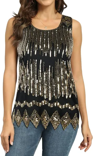 PrettyGuide Women's Sequin Top Flowy Sparkly Cocktail Tank Party Dressy Tops
