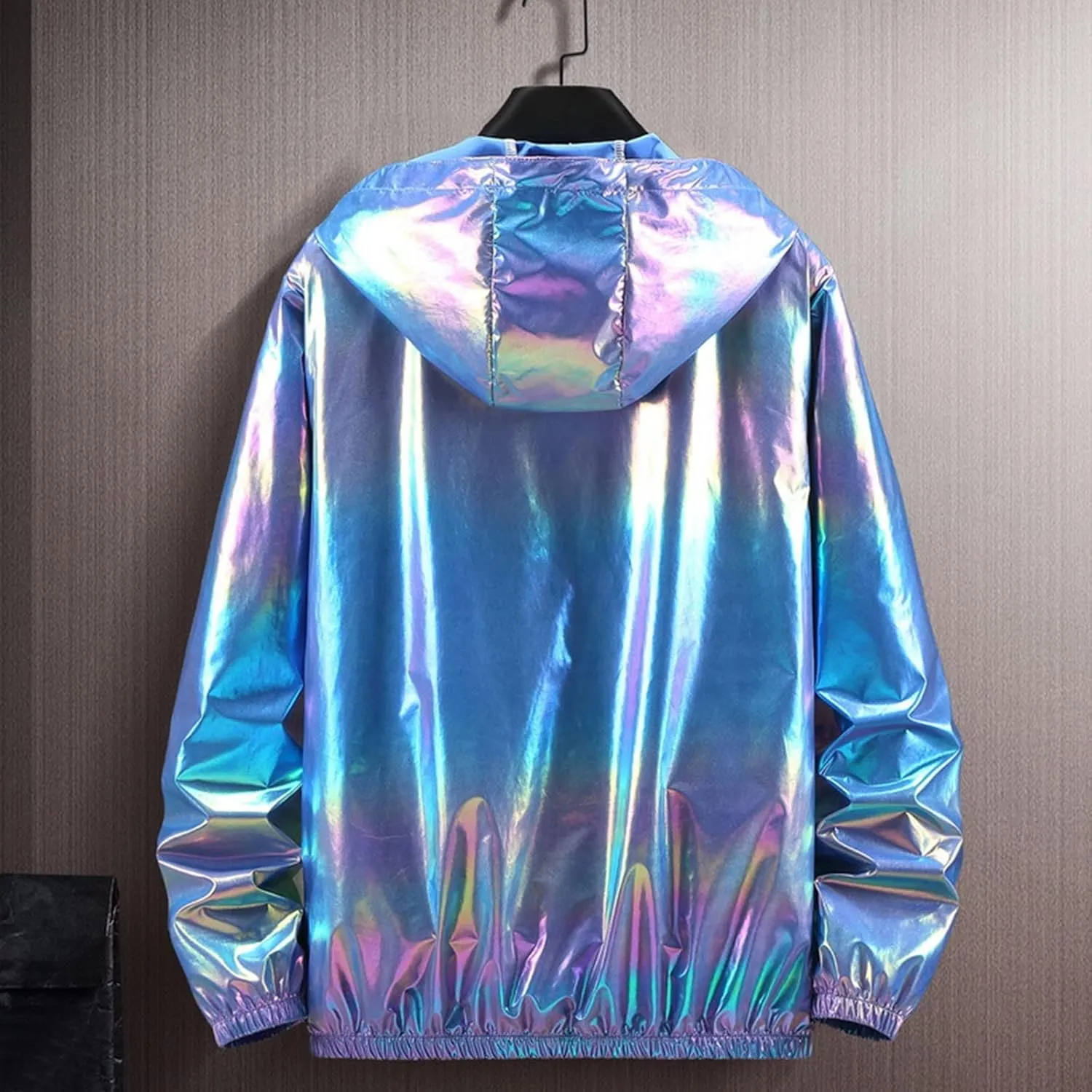 Rainbow Reflective Jacket for Men Trendy Gradient Shiny Hooded Jackets Lightweight Full Zip Runing Jacket