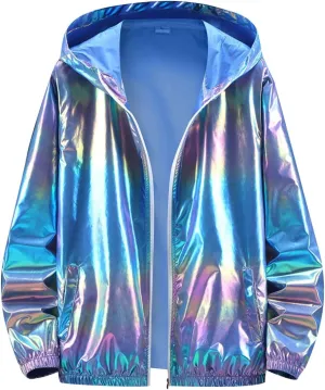 Rainbow Reflective Jacket for Men Trendy Gradient Shiny Hooded Jackets Lightweight Full Zip Runing Jacket