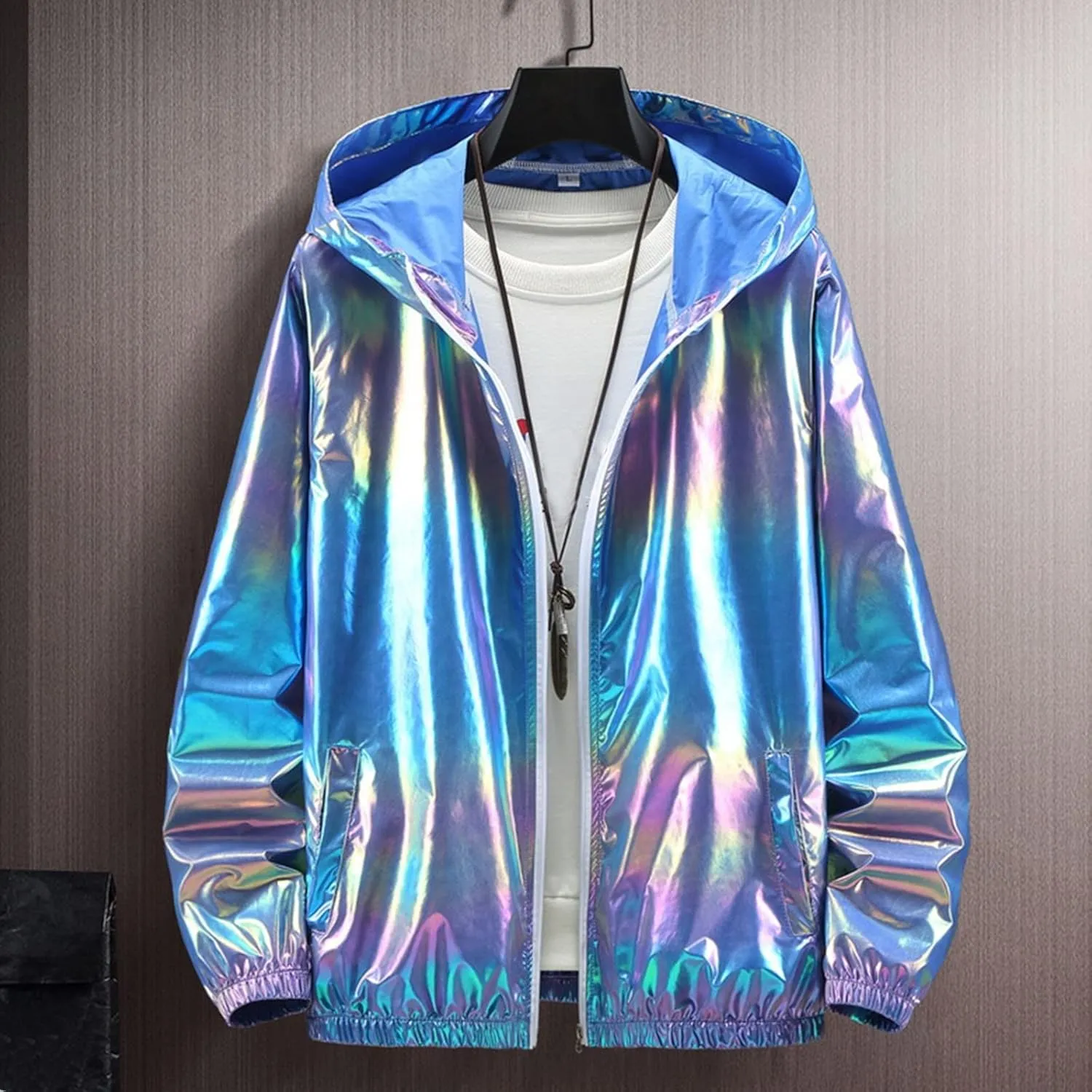Rainbow Reflective Jacket for Men Trendy Gradient Shiny Hooded Jackets Lightweight Full Zip Runing Jacket