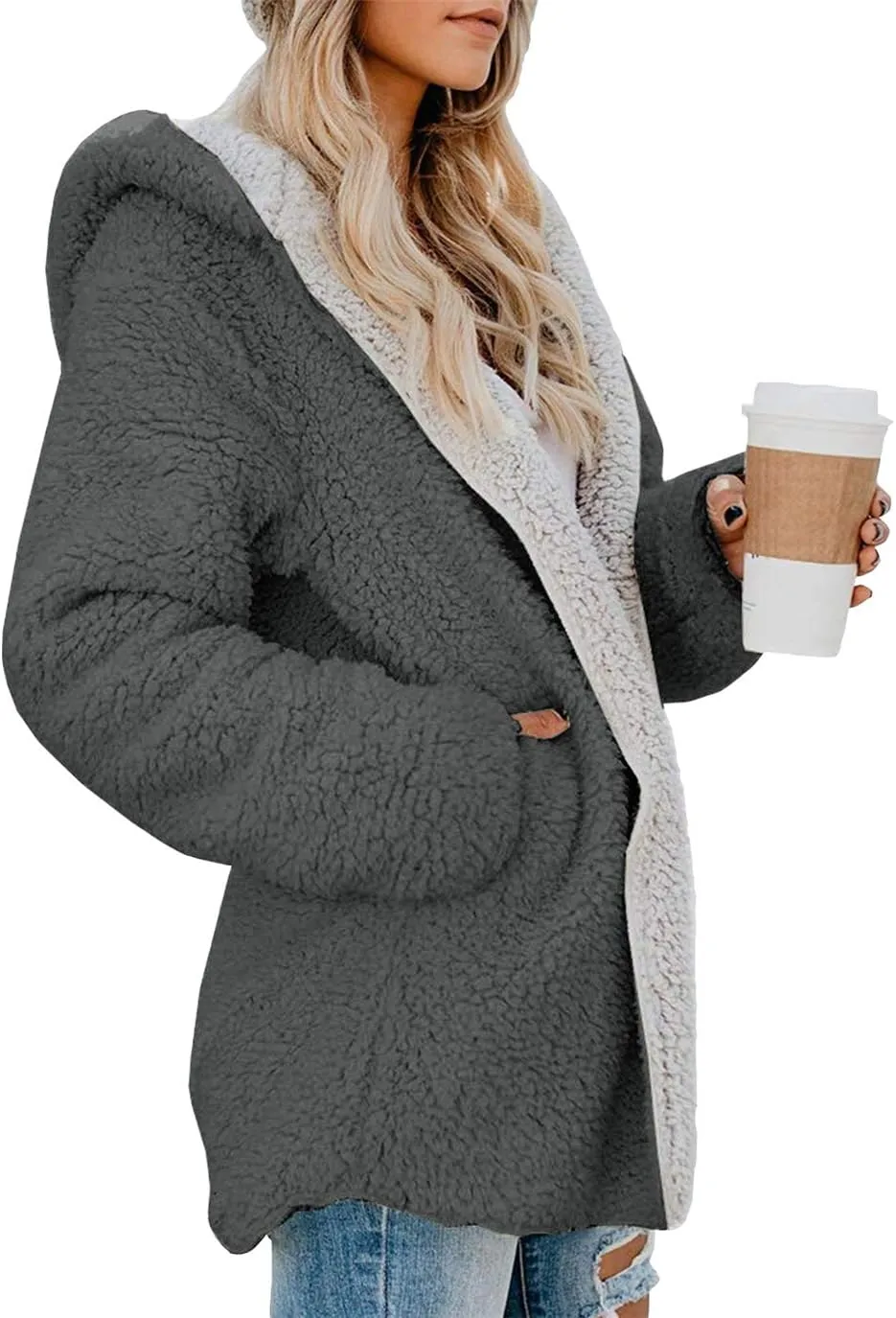 ReachMe Womens Sherpa Jacket Oversized Fleece Jacket Teddy Coats with Pockets Open Front Hooded Fuzzy Cardigan