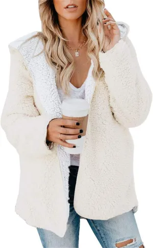 ReachMe Womens Sherpa Jacket Oversized Fleece Jacket Teddy Coats with Pockets Open Front Hooded Fuzzy Cardigan